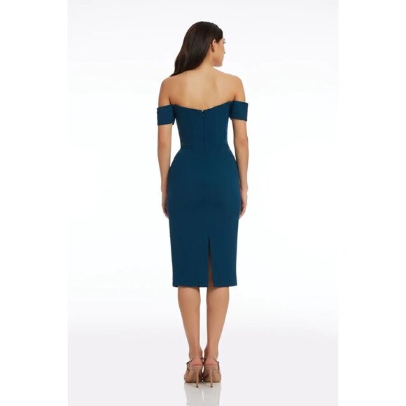 DRESS THE POPULATION Bailey Off the Shoulder Body-Con Dress in Peacock Blue - Picture 2 of 11